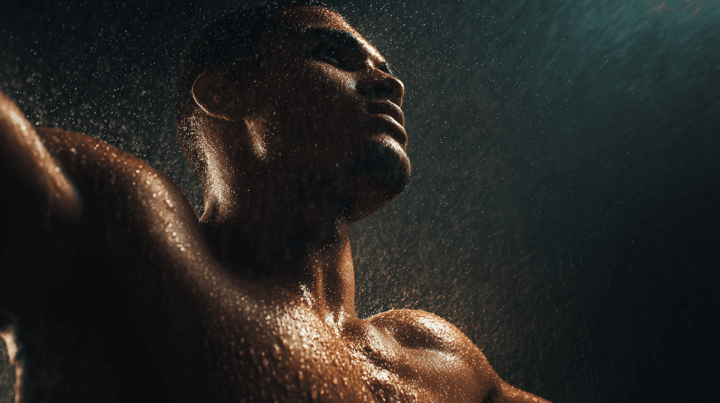 Atleta em movimento com iluminação dramática de estúdio